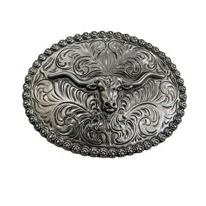 Longhorn Bull Head Western Filagree Silver Toned Metal Belt Buckle Accessory EUC